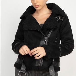 NEW TRENDY BLACK FAUX FUR SUEDE BIKER COAT